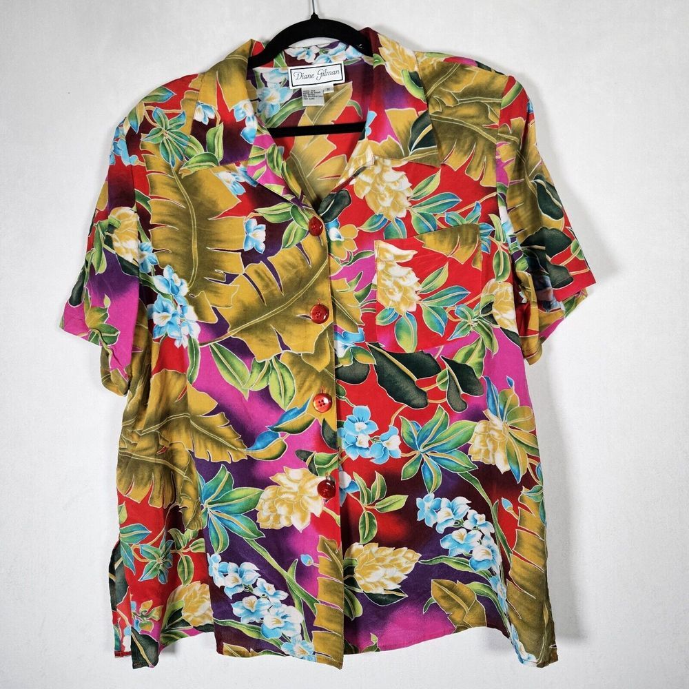 Vtg Diane Gilman Womens 1X Tropical Hawaiian Floral Print Silk Button Front S/S‎